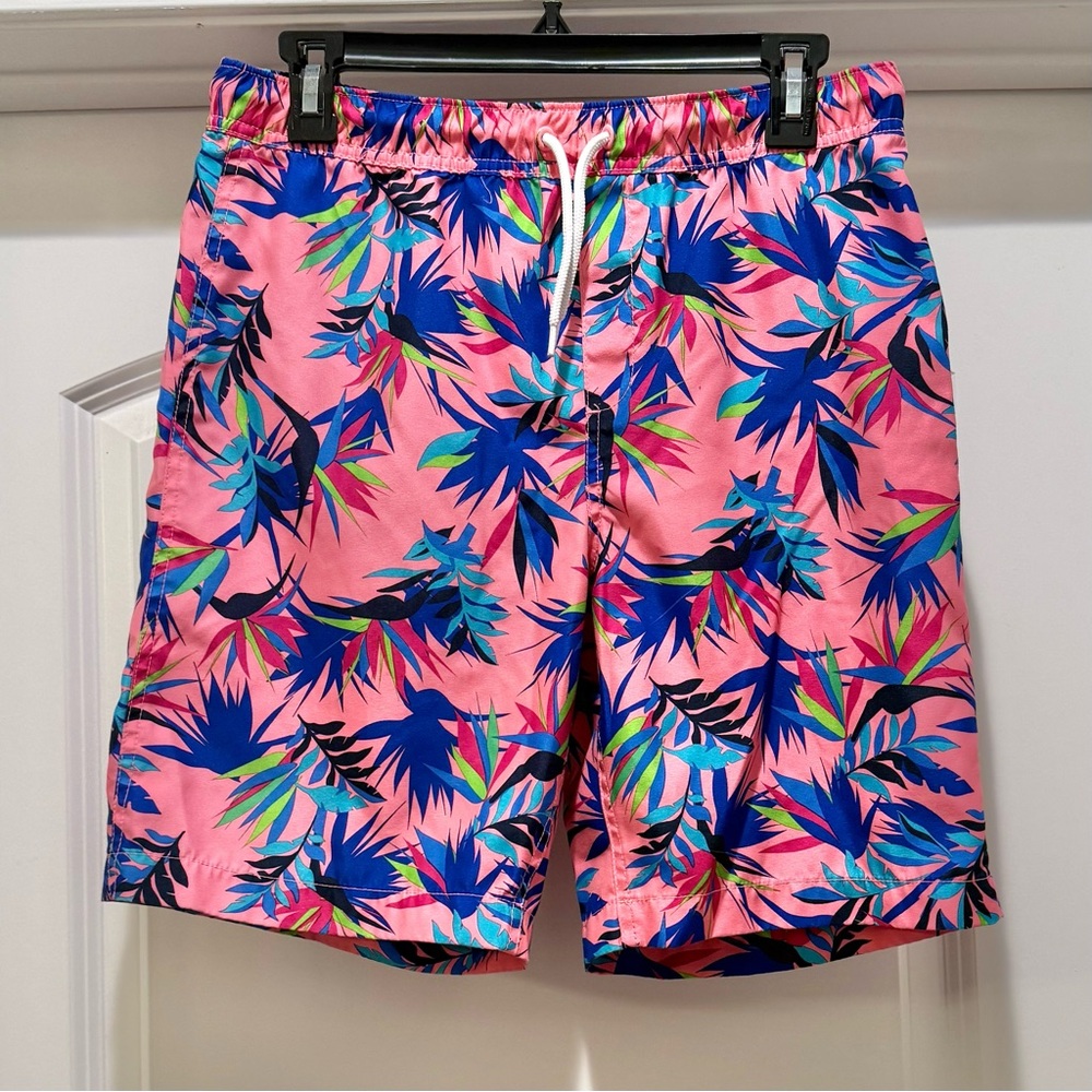 Lands' End Tropical Swim Trunks Boys XL 14H-16H Pink Blue Hawaiian Print